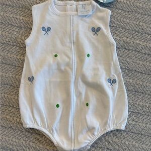 Little English White Bubble with Blue and Green Tennis Embroidery